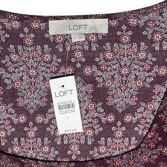 NWT LOFT Burgundy Floral Long Sleeve Blouse Scoop Neck Size Large Flowers - Picture 2 of 7